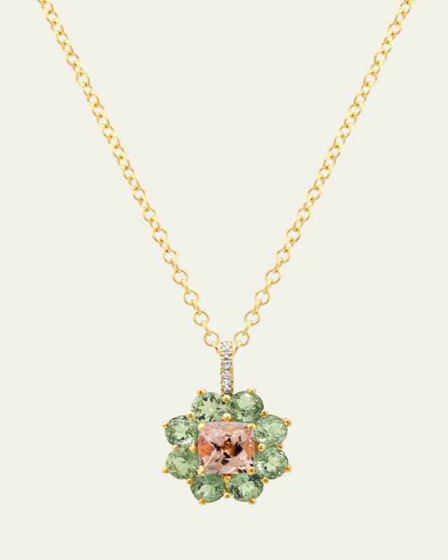 Petite Mint Tourmaline Flower Pendant Necklace with Morganite and Diamonds